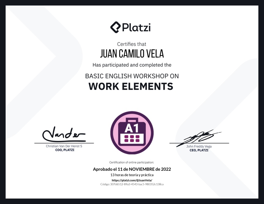 Diploma del Curso de Inglés Práctico sobre Elementos de Trabajo