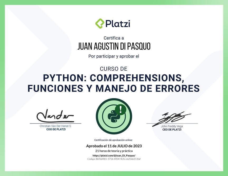 Diploma del Curso de Python: Comprehensions, Funciones y Manejo de Errores