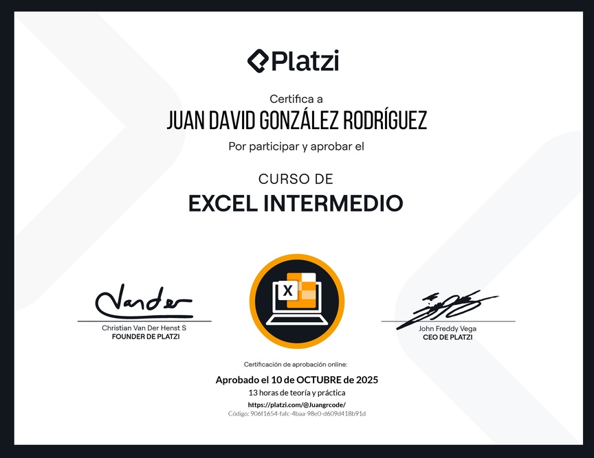 Diploma del Curso de Excel Intermedio