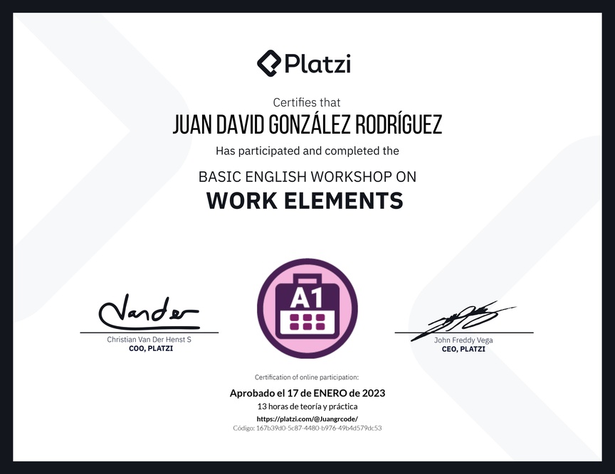 Diploma del Curso de Inglés Práctico sobre Elementos de Trabajo