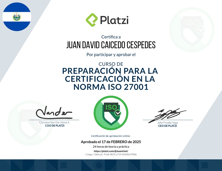 Diploma del Curso de Preparación para la Certificación en la Norma ISO 27001 (2020)