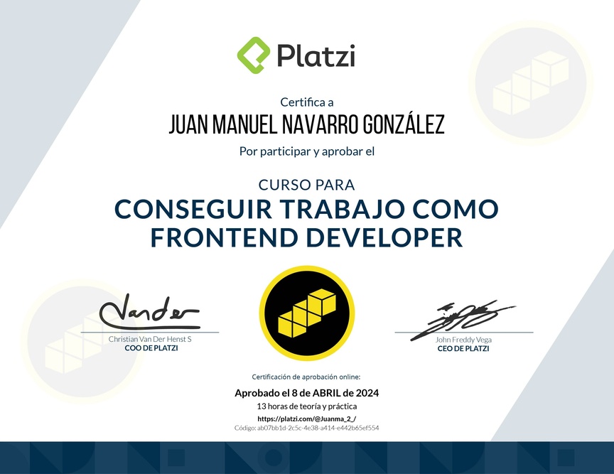 Diploma del Curso para Conseguir Trabajo como Frontend Developer