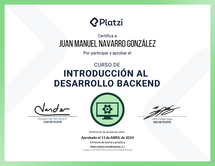 Diploma del Curso de Introducción al Desarrollo Backend