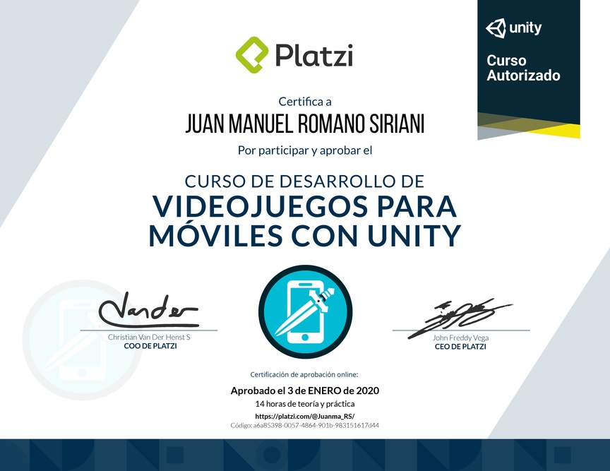 Diploma del Curso de Desarrollo de Videojuegos para Móviles con Unity