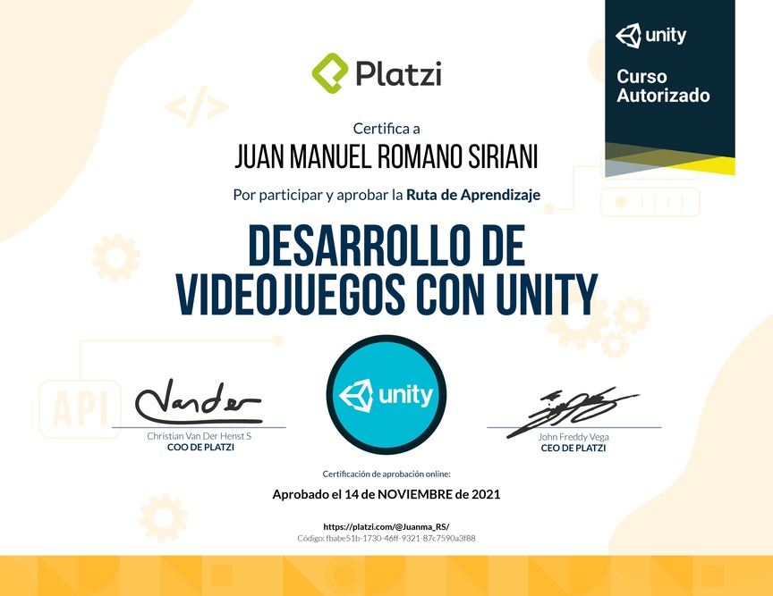 Diploma de la Ruta de Aprendizaje de Desarrollo de Videojuegos con Unity
