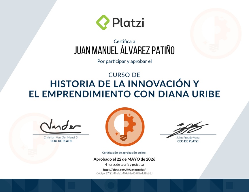Diploma del Curso de Historia de la Innovación y el Emprendimiento con Diana Uribe