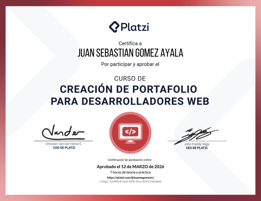Diploma del Curso de Creación de Portafolio para Desarrolladores Web