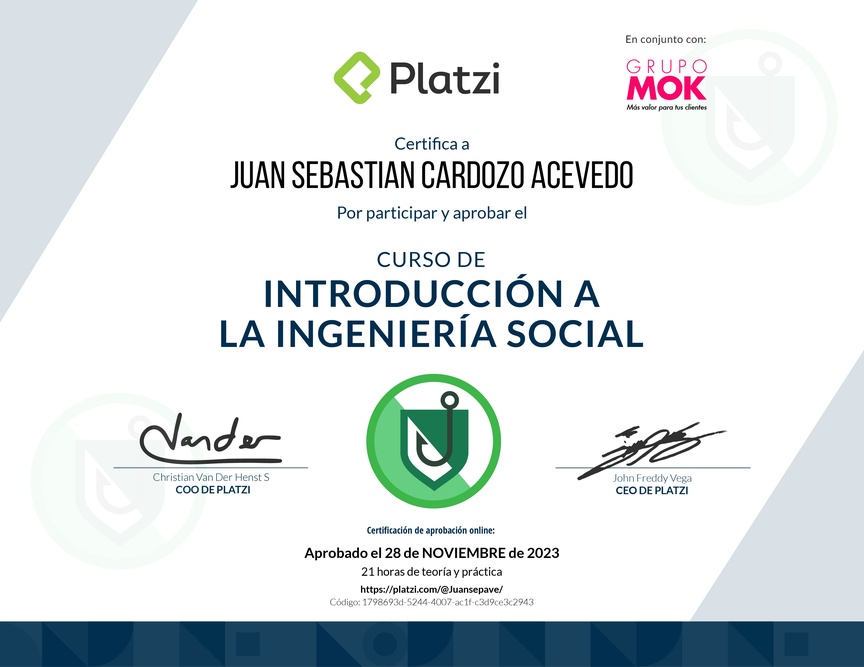 Diploma del Curso de Introducción a la Ingeniería Social: Técnicas, Ataques y Pretexting
