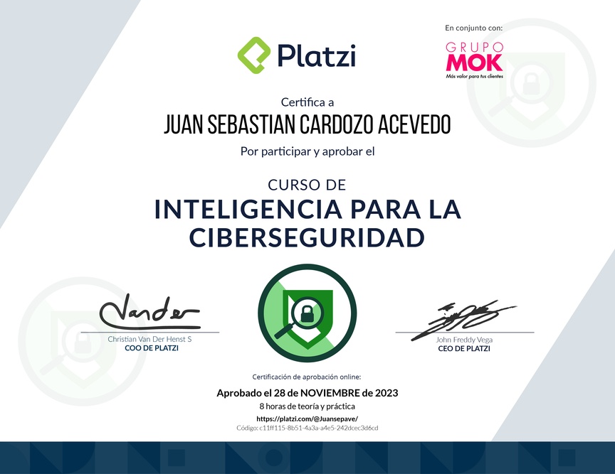 Diploma del Curso de Inteligencia para la Ciberseguridad