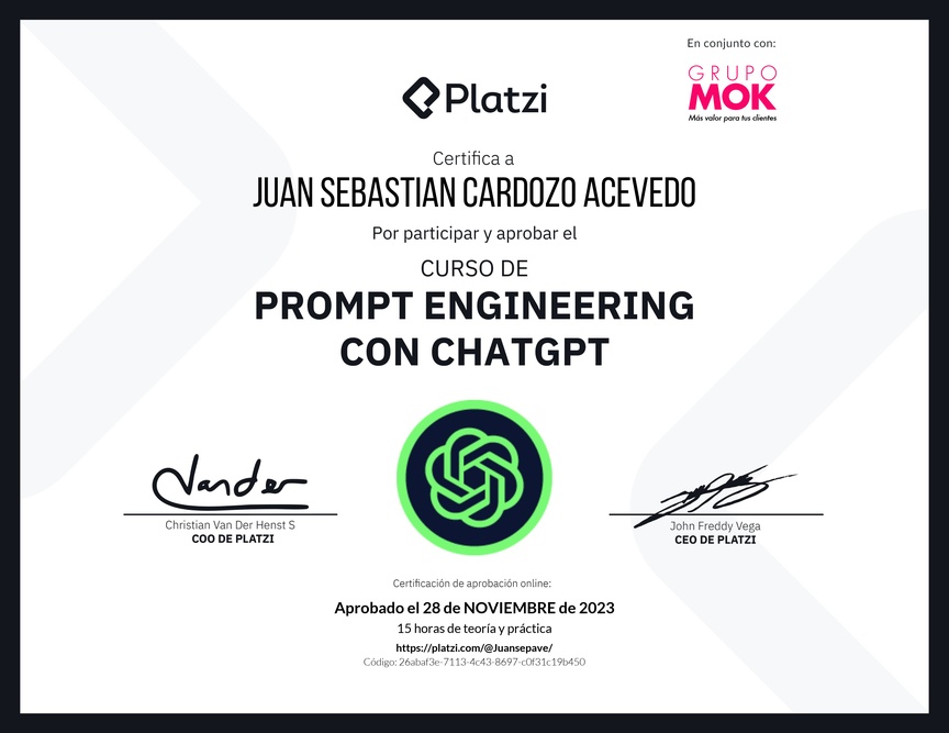 Diploma del Curso de Prompt Engineering con ChatGPT
