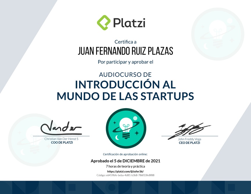 Diploma de Audiocurso de Introducción al Mundo de las Startups