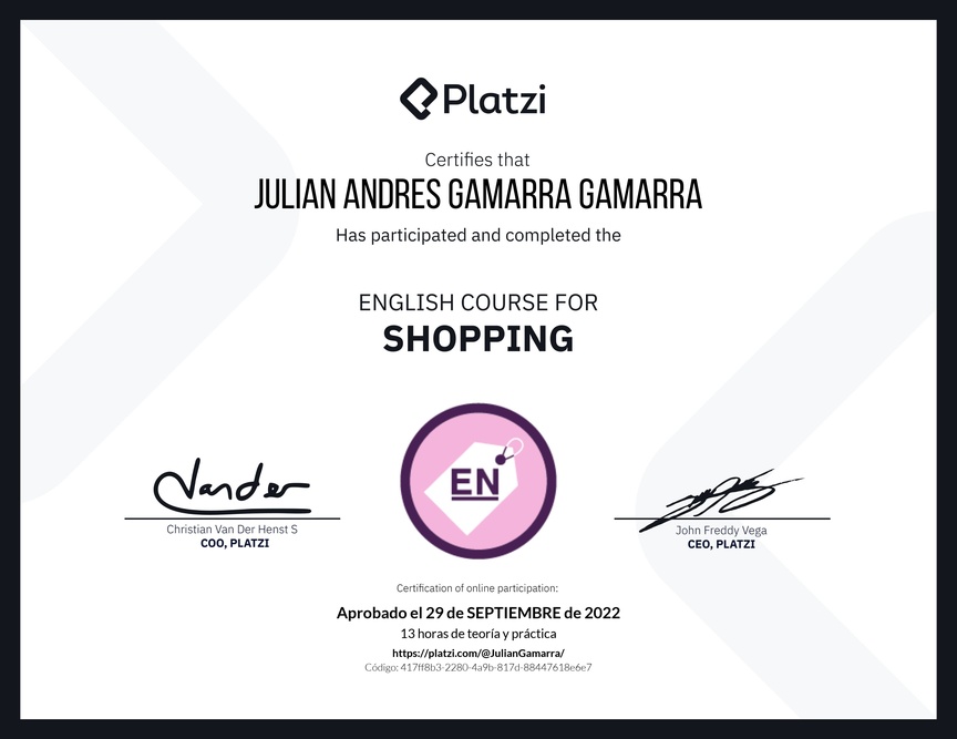 Diploma del Curso de Inglés para Compras (2020)