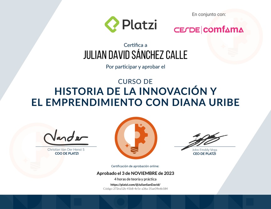 Diploma del Curso de Historia de la Innovación y el Emprendimiento con Diana Uribe