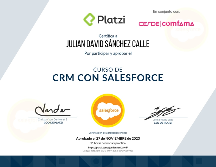 Diploma del Curso de CRM con Salesforce