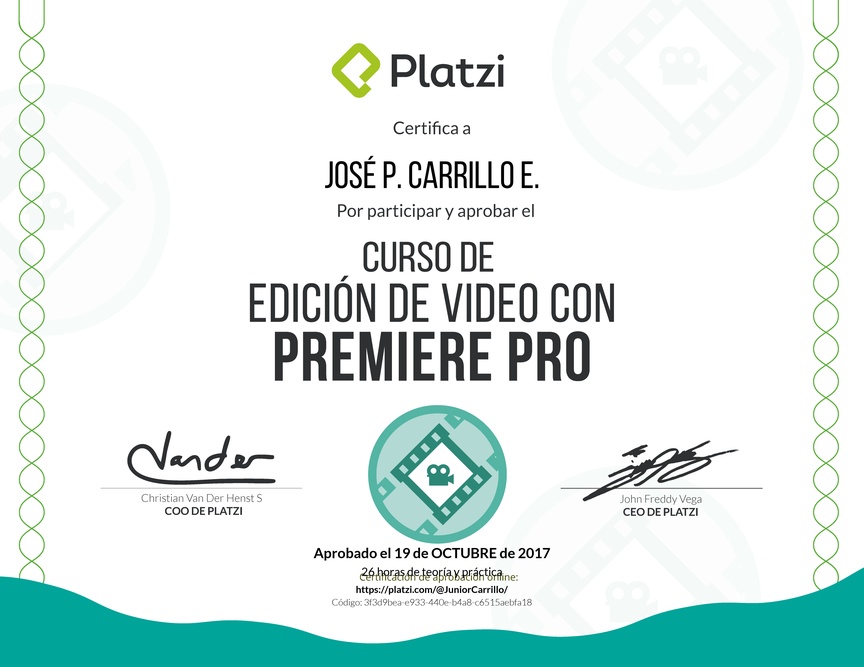 Diploma del Curso de edición de video con Premiere Pro 2016