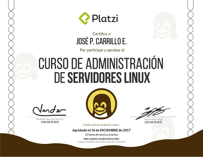 Diploma del Curso de Administración de Servidores Linux 2017
