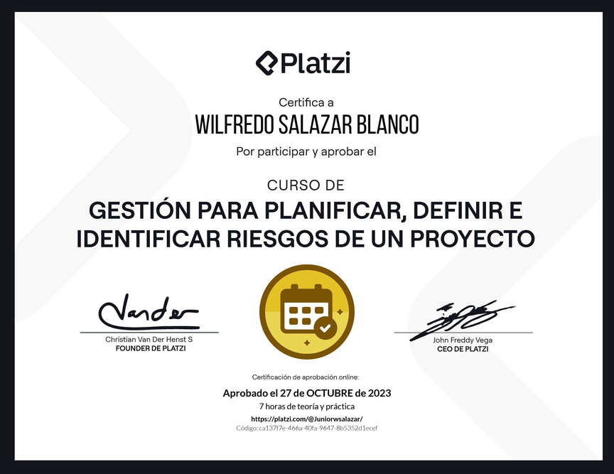 Diploma del Curso de Gestión para Planificar, Definir e Identificar Riesgos de un Proyecto