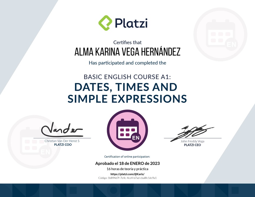 Diploma del Curso de Inglés Básico A1: Fechas, Horas y Expresiones Simples