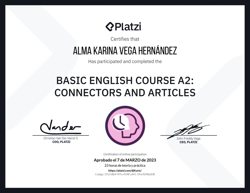 Diploma del Curso de Inglés Básico A2: Conectores y Artículos