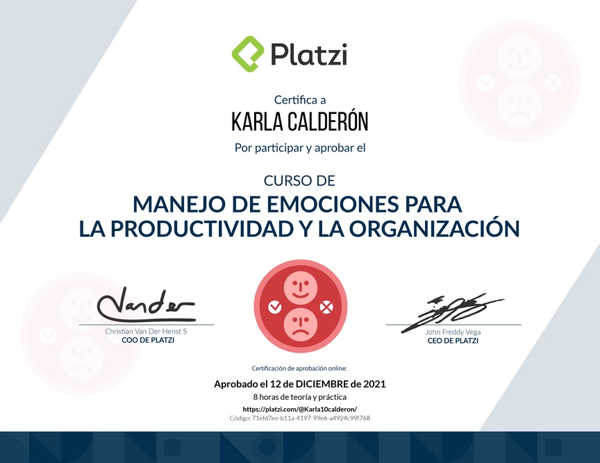 Diploma del Curso de Manejo de Emociones para la Productividad y la Organización