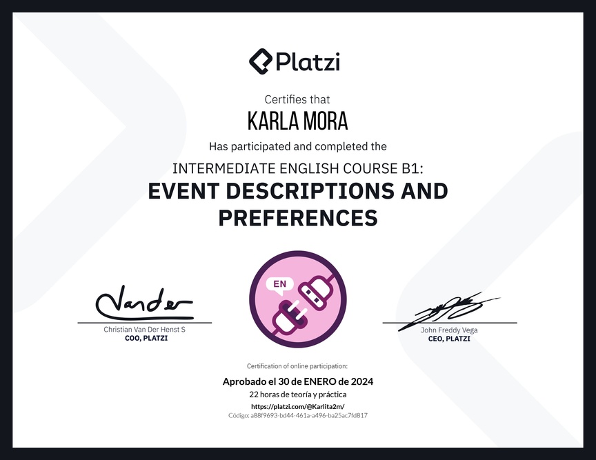 Diploma del Curso de Inglés Intermedio B1: Descripción de Eventos y Preferencias