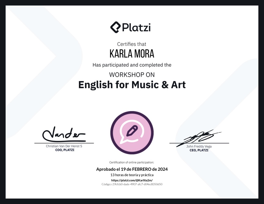 Diploma del Curso de Inglés Práctico sobre Vocabulario de Música y Arte