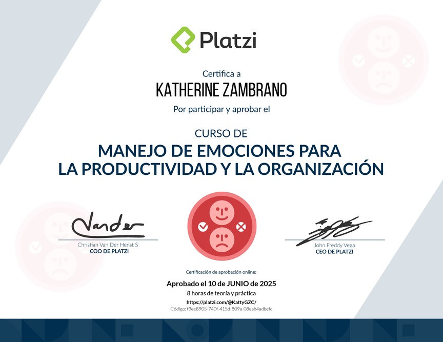 Diploma del Curso de Manejo de Emociones para la Productividad y la Organización