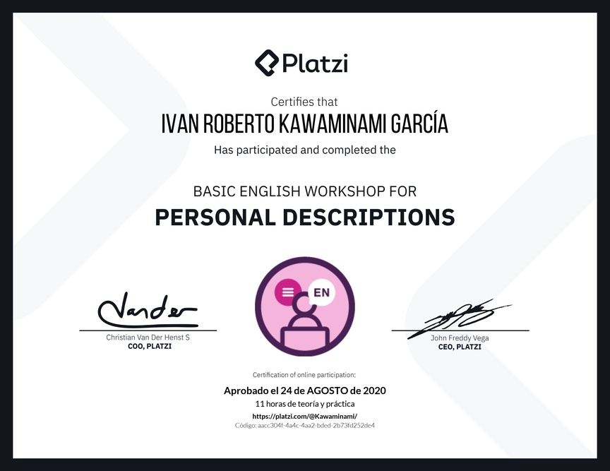 Diploma del Curso de Inglés Práctico para Descripciones Personales (2020=