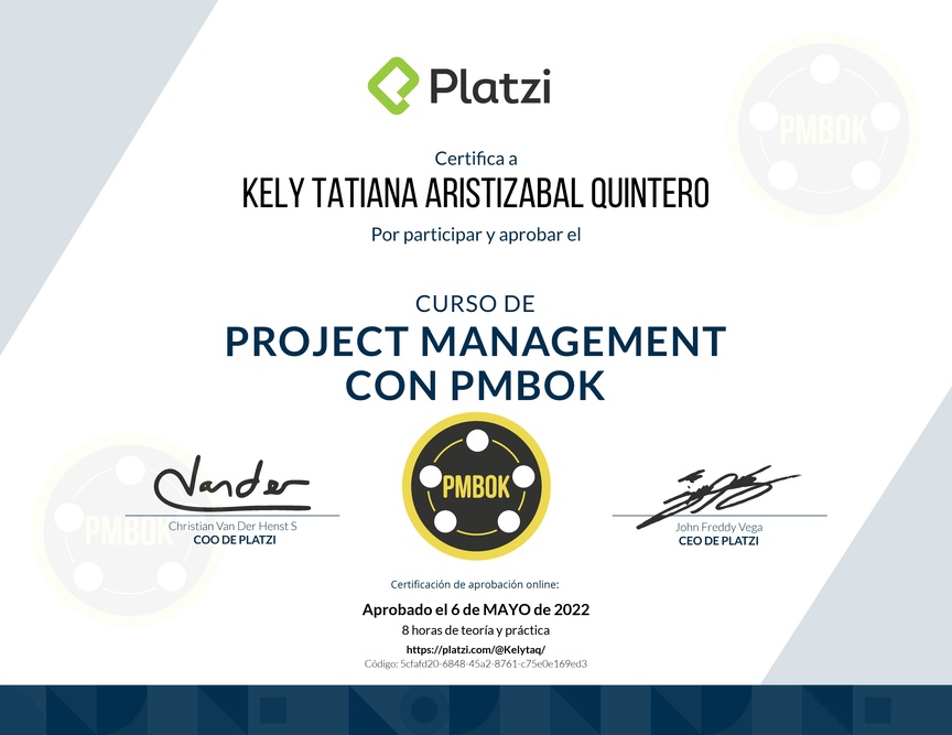 Diploma del Curso de Project Management con PMBOK