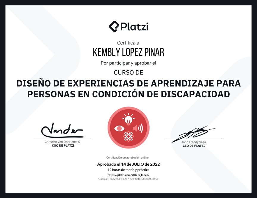 Diploma del Curso de Diseño de Experiencias de Aprendizaje para Personas en Condición de Discapacidad