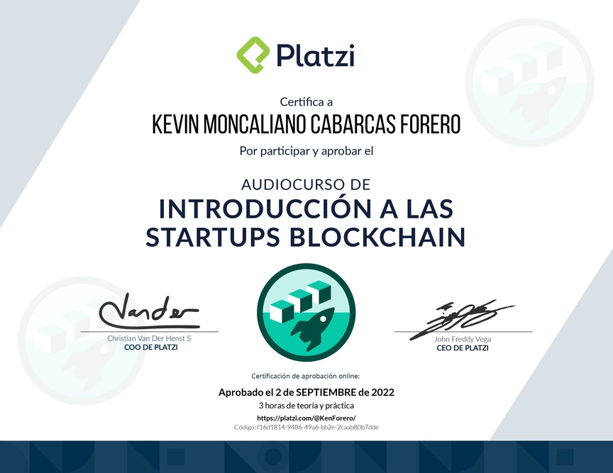 Diploma de Audiocurso de Introducción a las Startups Blockchain
