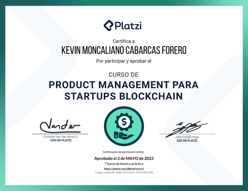Diploma del Curso de Product Management para Startups Blockchain