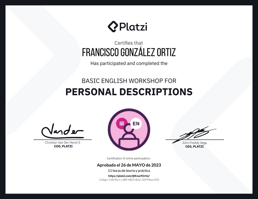 Diploma del Curso de Inglés Práctico para Descripciones Personales (2020=