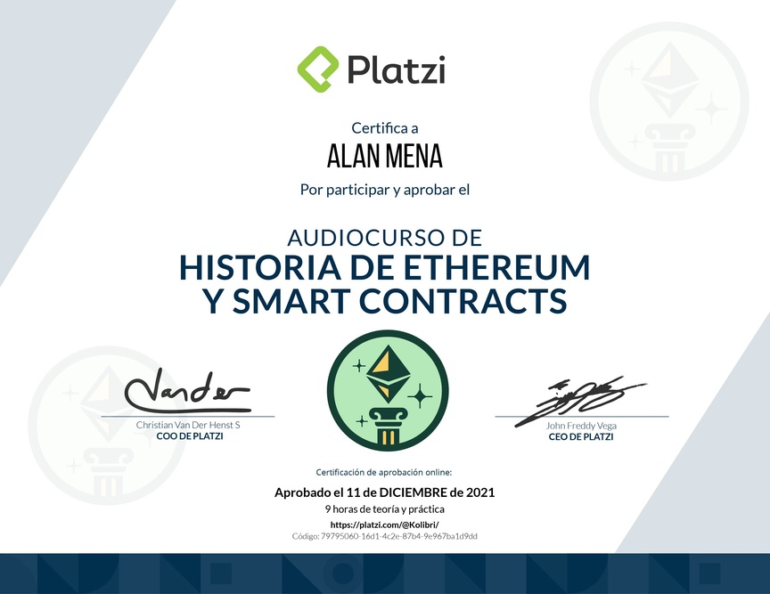 Diploma de Audiocurso de Historia de Ethereum y Smart Contracts