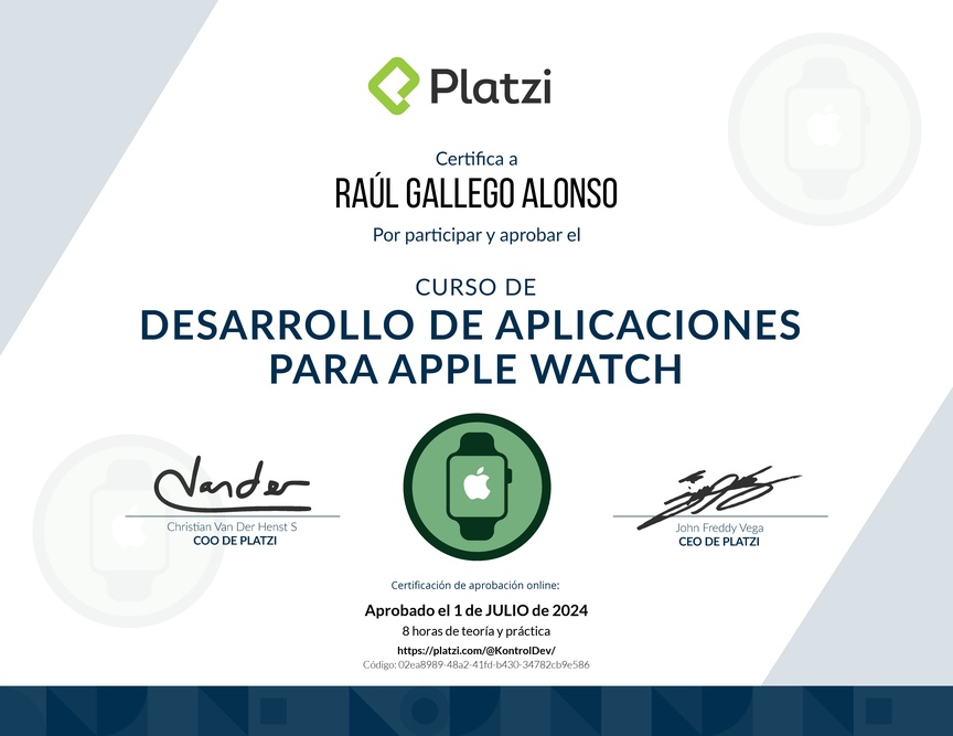 Diploma del Curso de Desarrollo de Aplicaciones para Apple Watch