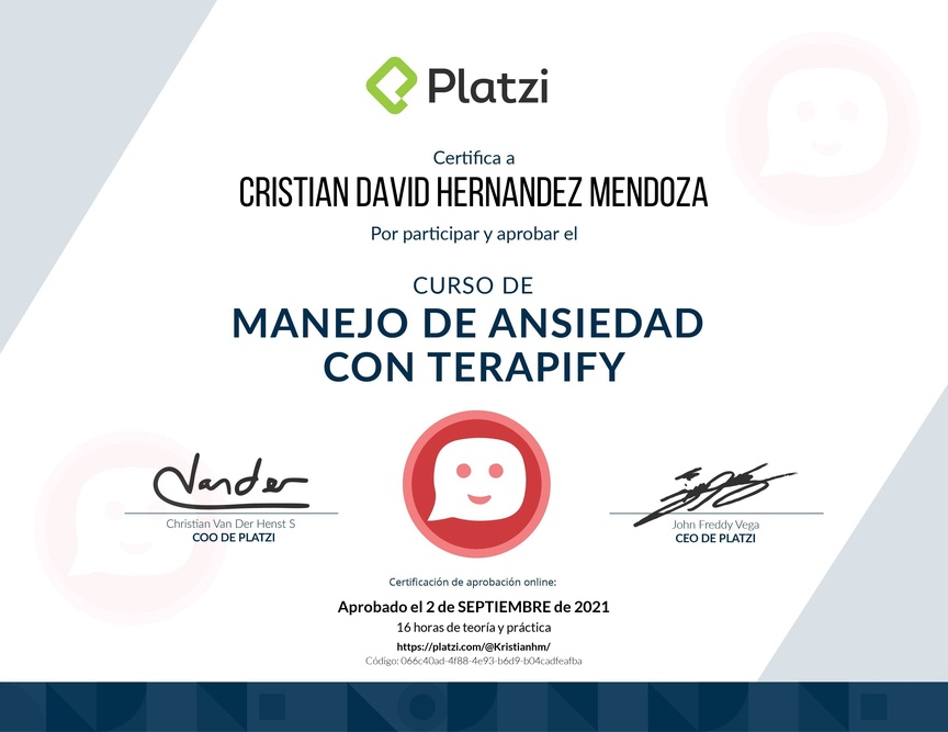 Diploma del Curso de Manejo de Ansiedad con Terapify