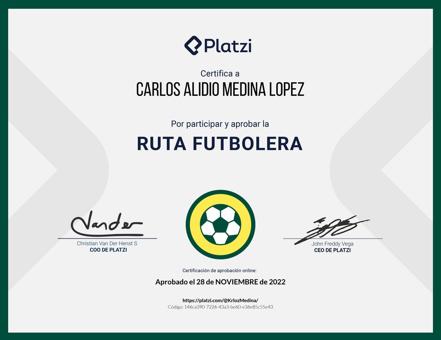 Diploma de la Ruta de Aprendizaje de La Ruta Futbolera Platzi