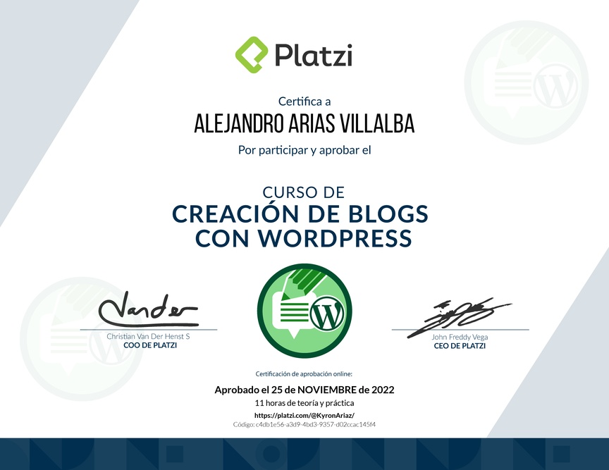 Diploma del Curso de Creación de Blogs con WordPress