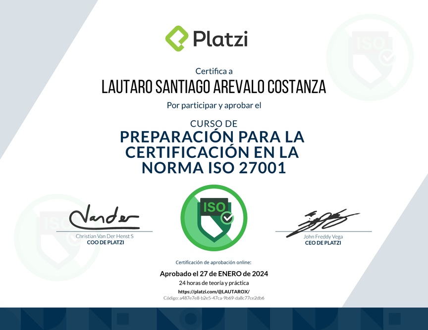 Diploma del Curso de Preparación para la Certificación en la Norma ISO 27001 (2020)