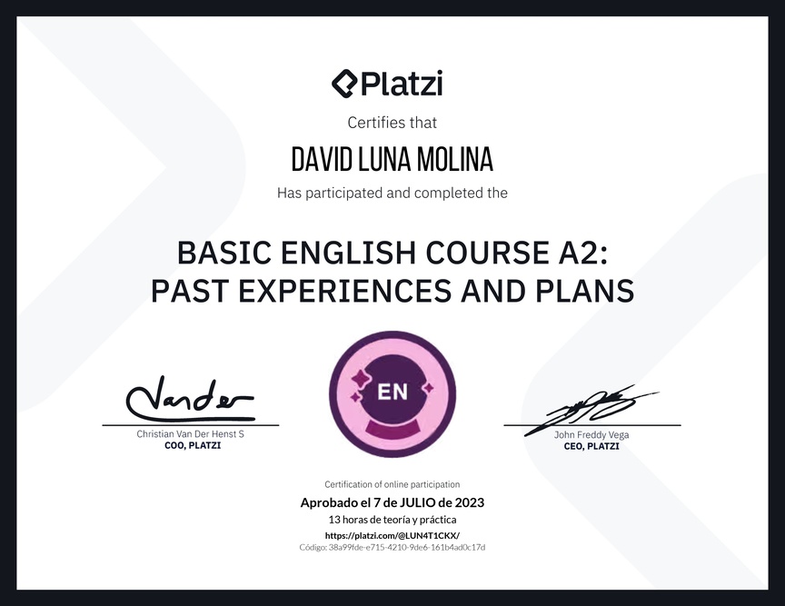 Diploma del Curso de Inglés Básico A2: Experiencias Pasadas y Planes