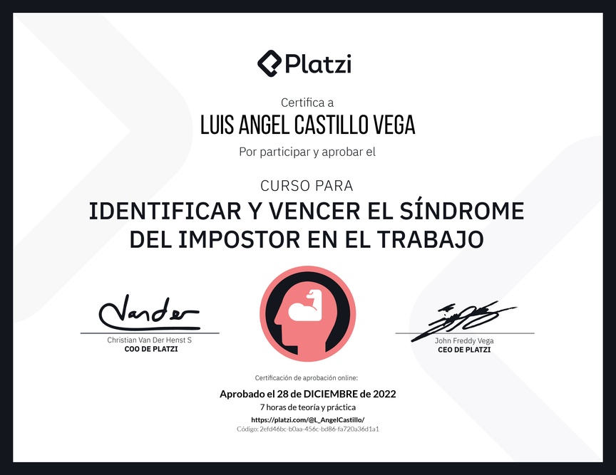Diploma del Curso para Identificar y Vencer el Síndrome del Impostor