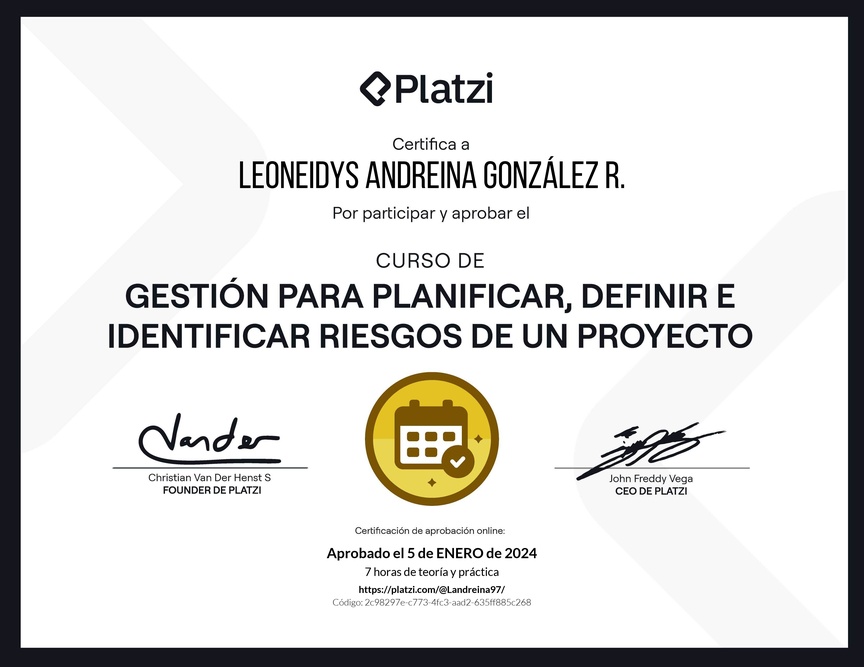 Diploma del Curso de Gestión para Planificar, Definir e Identificar Riesgos de un Proyecto