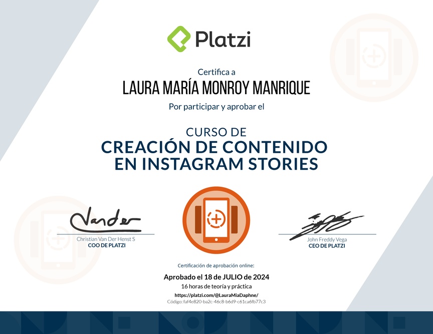 Diploma del Curso de Diseño y Edición de Instagram Stories