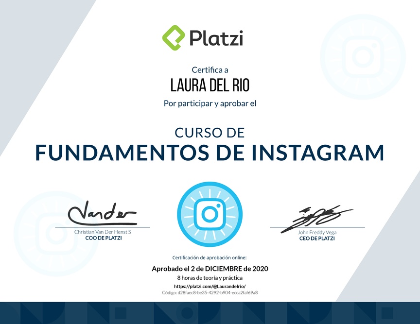 Diploma del Curso de Fundamentos de Instagram