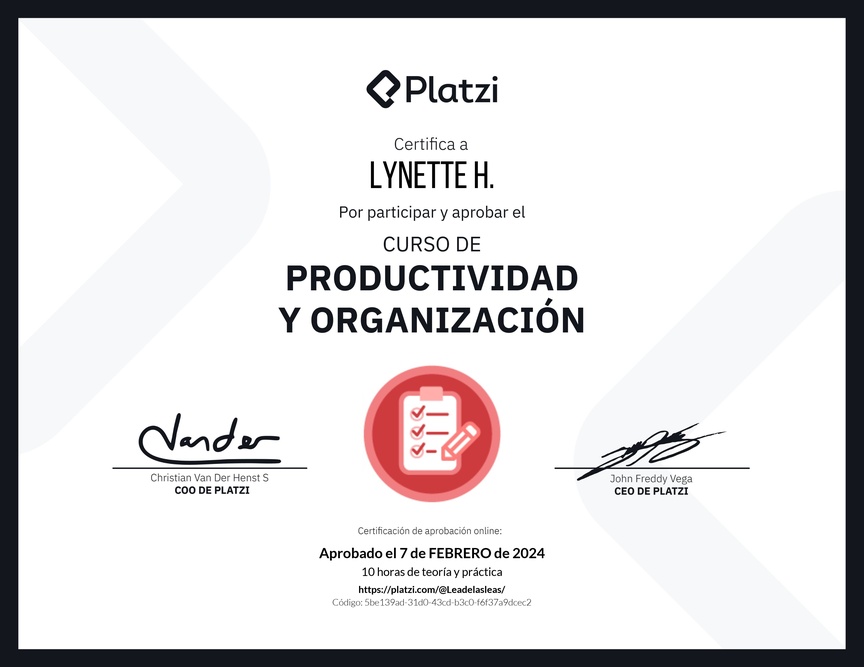 Diploma del Curso de Productividad y Organización