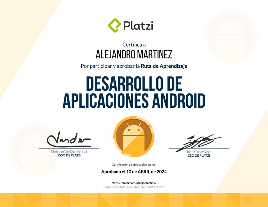 Diploma de la Ruta de Aprendizaje de Desarrollo de Aplicaciones Android