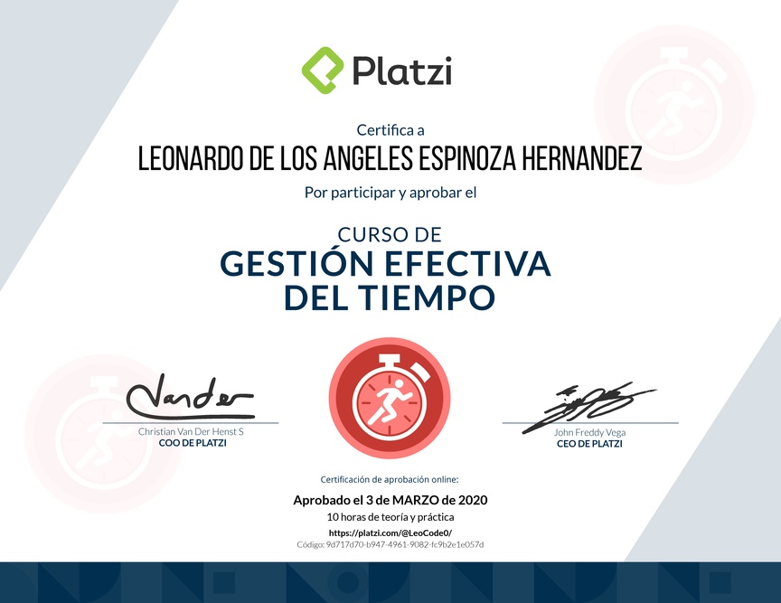 Diploma del Curso de Gestión Efectiva del Tiempo
