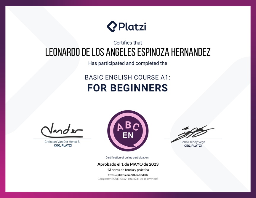 Diploma del Curso de Inglés Básico para Principiantes - (2022)