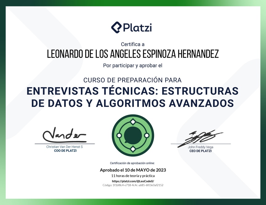 Diploma del Curso de Entrevistas Técnicas: Estructuras de Datos y Algoritmos Avanzados