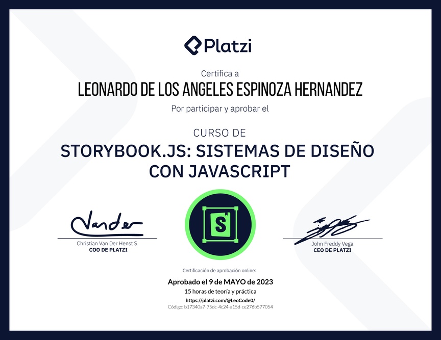 Diploma del Curso de Storybook: Sistemas de Diseño con JavaScript